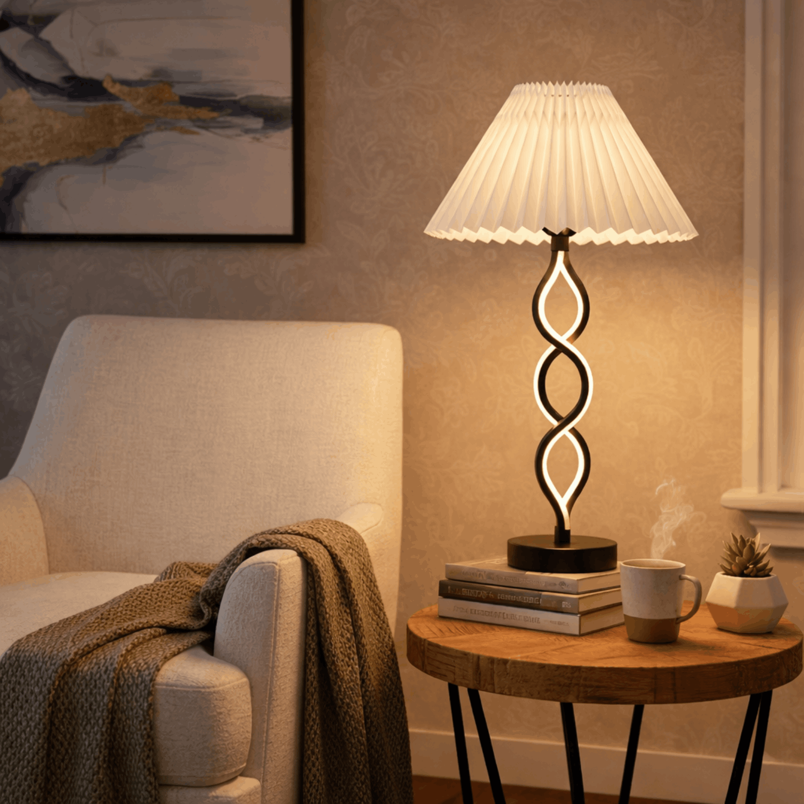 Moderne Tafellamp met Gedraaide Lichtlijn en Linnen Lampenkap 2