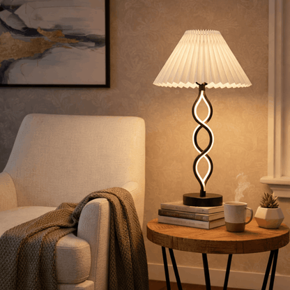 Moderne Tafellamp met Gedraaide Lichtlijn en Linnen Lampenkap 2