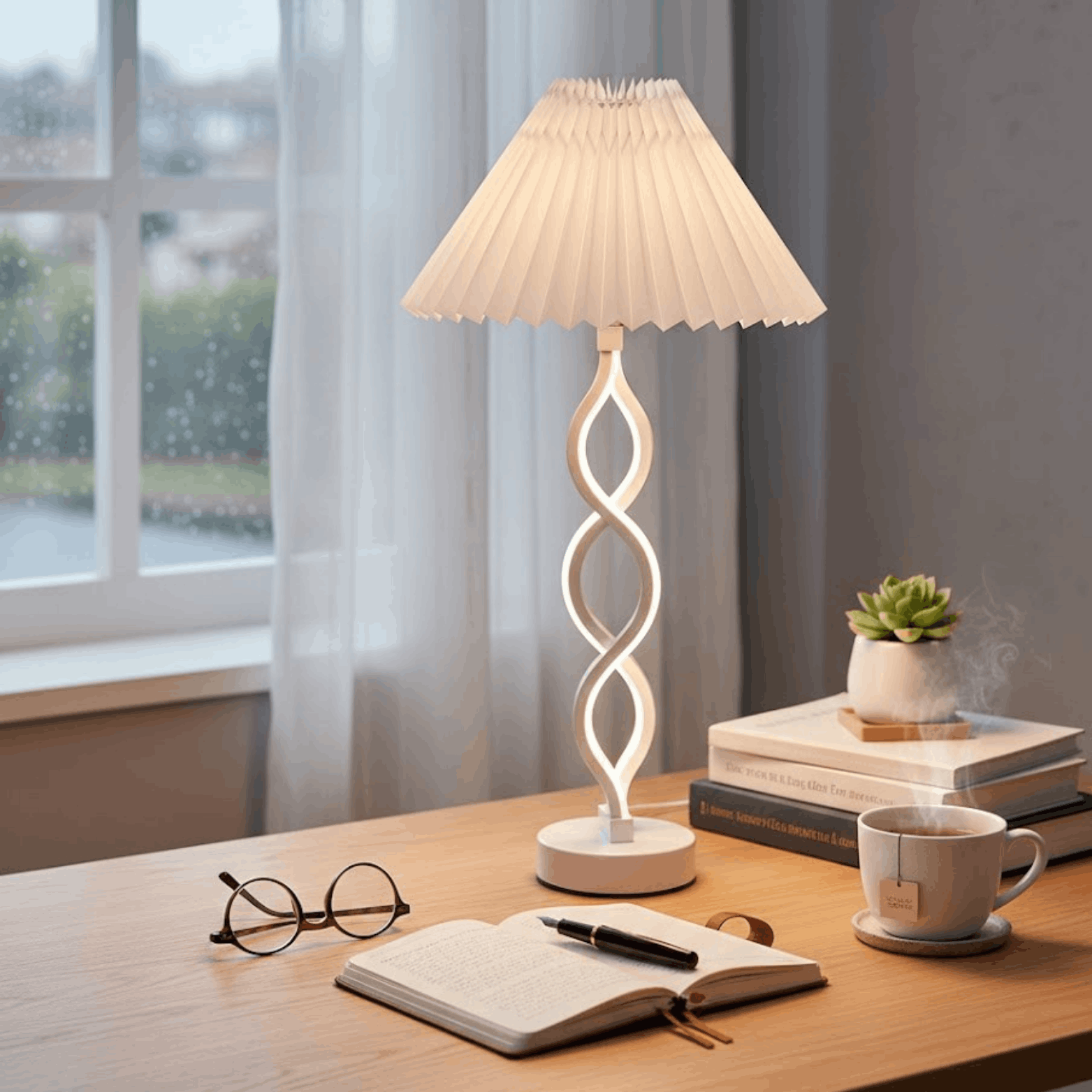 Moderne Tafellamp met Gedraaide Lichtlijn en Linnen Lampenkap 3