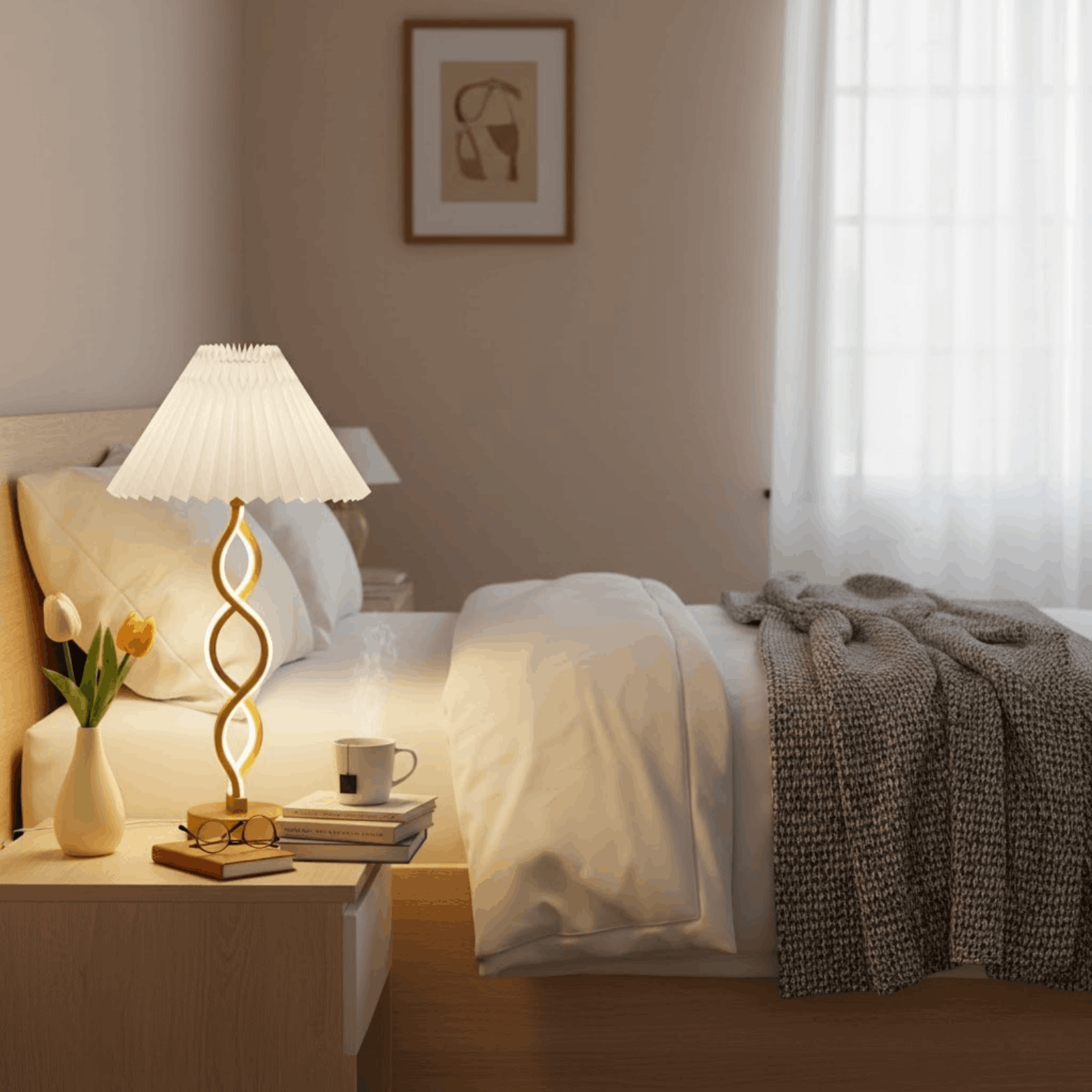 Moderne Tafellamp met Gedraaide Lichtlijn en Linnen Lampenkap 4